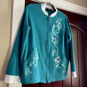 Vintage Bob Mackie Wearable Art Large Aqua & White Zip-Up Cardigan